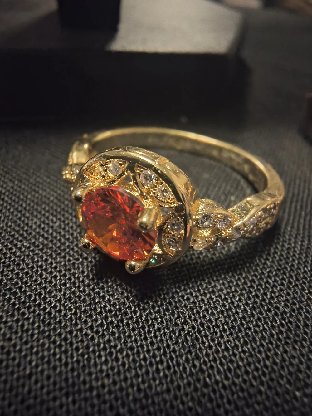 Gold Ring with Red Center Stone and Pavé Accents